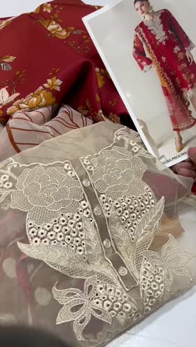 Rs 5750 Naqsh filament viscose emb 3pc chiffon duppataLUST RED