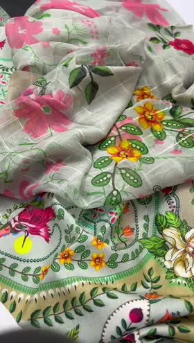 Rs 3850 Coral linen printed 3 pc chiffon duppata