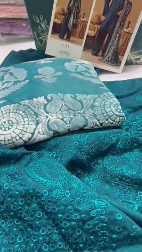 Rs 7650 Dastan Emb leather peech palachi velvet shawl 3pc  )