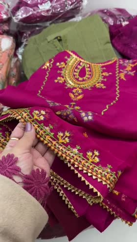 Rs 11500 Aneelas Eid launch raw silk shirt shalwar chiffon Emb Duppata stitched 3pc [D 2][Dispatch date 24th March ] ~ [Chest 19] [Length 34] SMALL