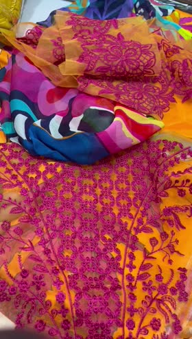 Rs 5750 Naqsh filament viscose emb 3pc chiffon duppata[ LAVA ORANGE]