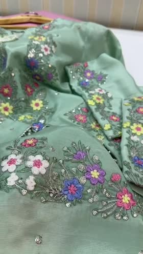 Rs 6950 Aneelas raw silk Emb shirt Emb trouser stitched with hand work. Pre booking LARGE[C 22] [L 40]