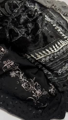 Rs 7650 Dastan leather peech Emb 3pc velvet palachi shawl( DS 35)