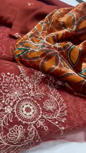 Rs 7650 Dastan Emb leather peech palachi velvet shawl 3pc