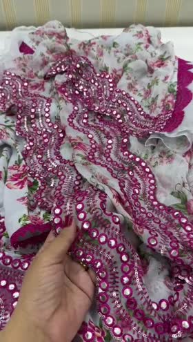 Rs 10500 Aneelas unstitched 5 yards printed Emb frock fabric dyed raw silk trouser and chiffon both side Emb Duppata. 2 yarda sleeves lace. Dispatch date 15th September