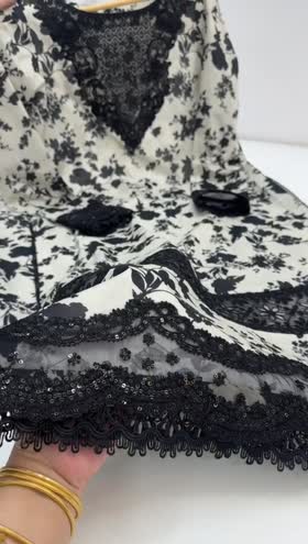 Rs 12500 Aneelas stitched lawn print Emb shirt Emb chiffon Duppata Emb gharara pent 3pc [Dispatch date 10th April ] ~ [Chest 24] [Length 40] XXLARGE