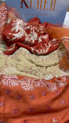 Rs 11000 Nureh Exluusive peech leather Emb 3pc new launch ( NE 184)